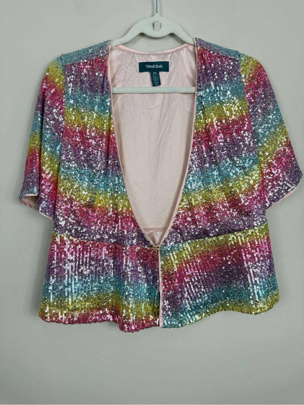 Modcloth Rainbow Top Womens XS Sequins Short Sleeve Cape Shirt Lined Y2K Pink
